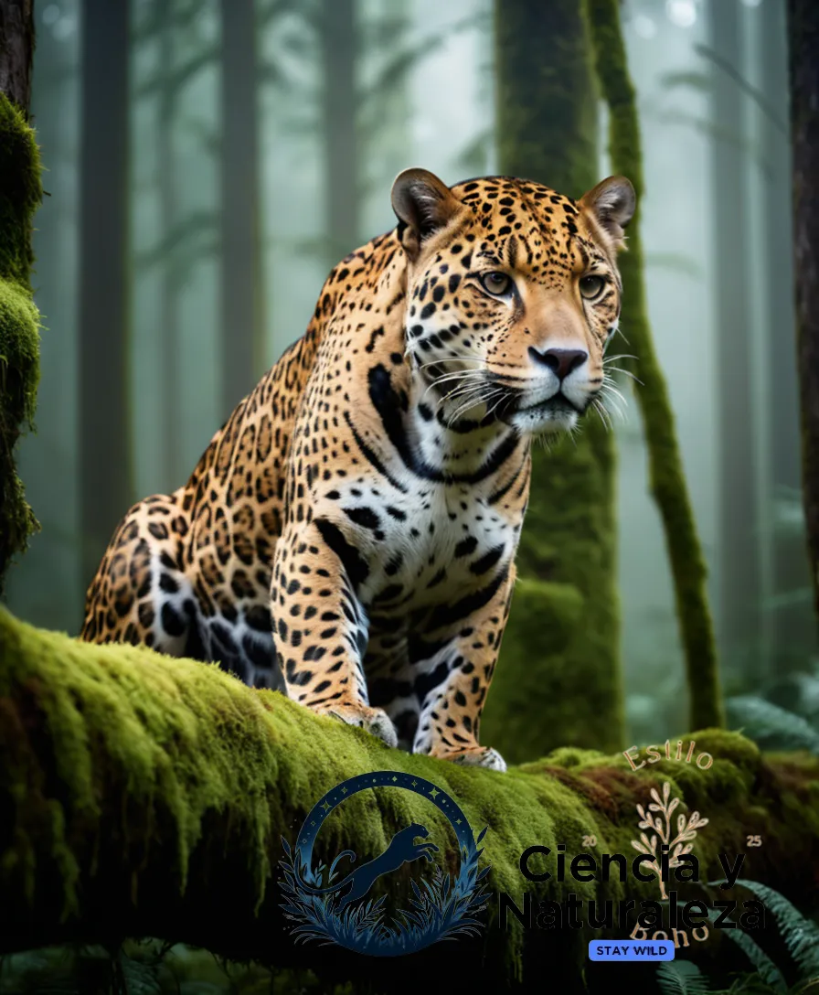 The image should show a majestic jaguar standing atop a moss-covered fallen tree in a dense, misty rainforest, its tawny fur blending with the dappled surroundings as sunlight filters through the foliage, highlighting the predator's piercing gaze and sleek muscles.