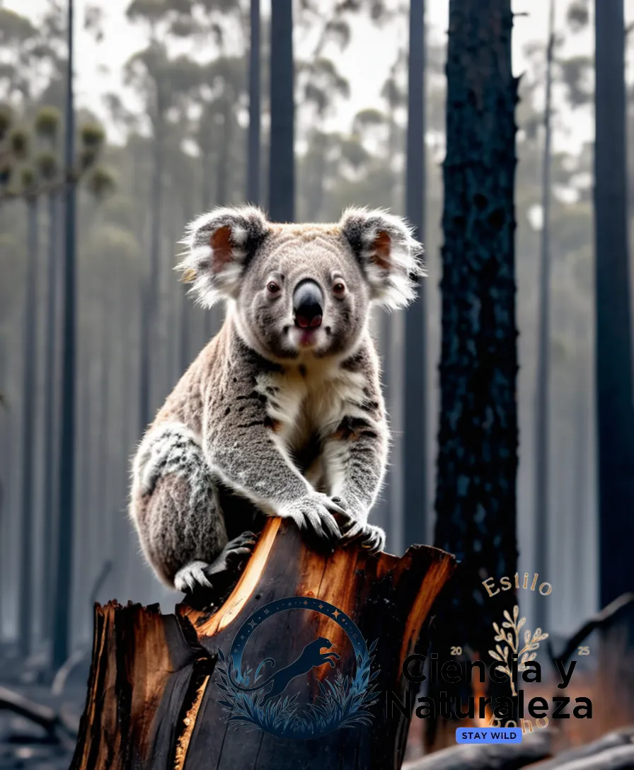 The image should show a koala standing on a charred tree trunk, its gray fur matted and blackened from soot, gazing out at a desolate forest landscape with burned-out eucalyptus trees in the background, their white trunks stark against a smoky grey sky.