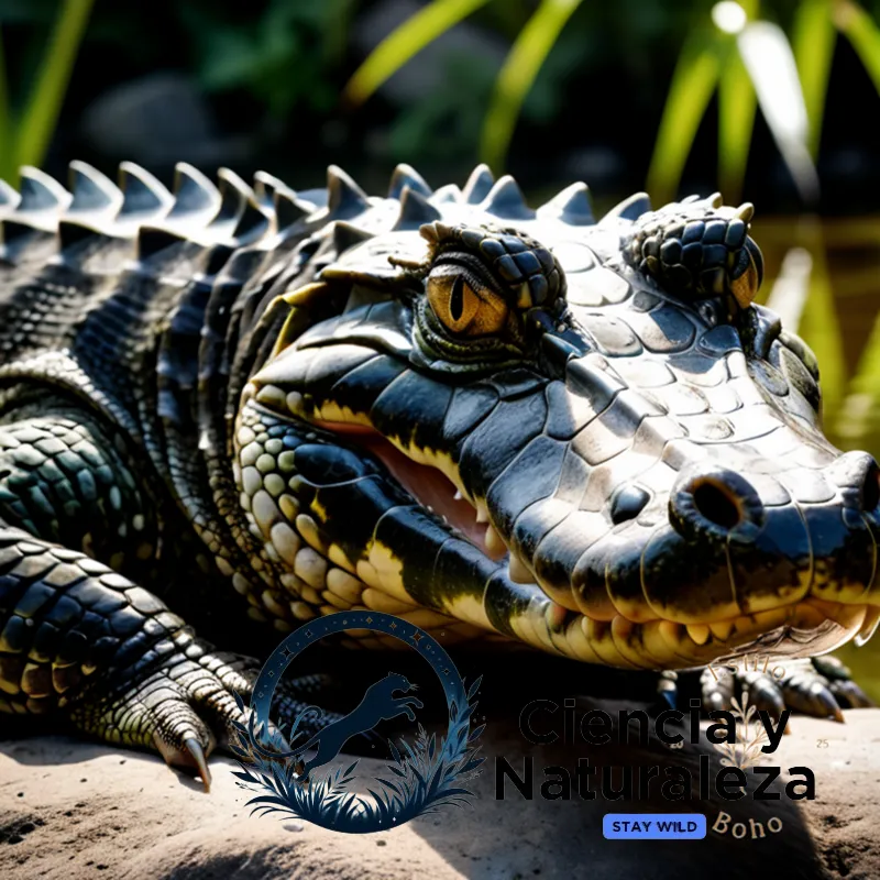 The image should show a large, armored caiman basking in the warm sunlight on a rocky riverbank, its scaly skin glistening with dew, surrounded by lush tropical vegetation, with clear water reflecting its presence in the foreground.