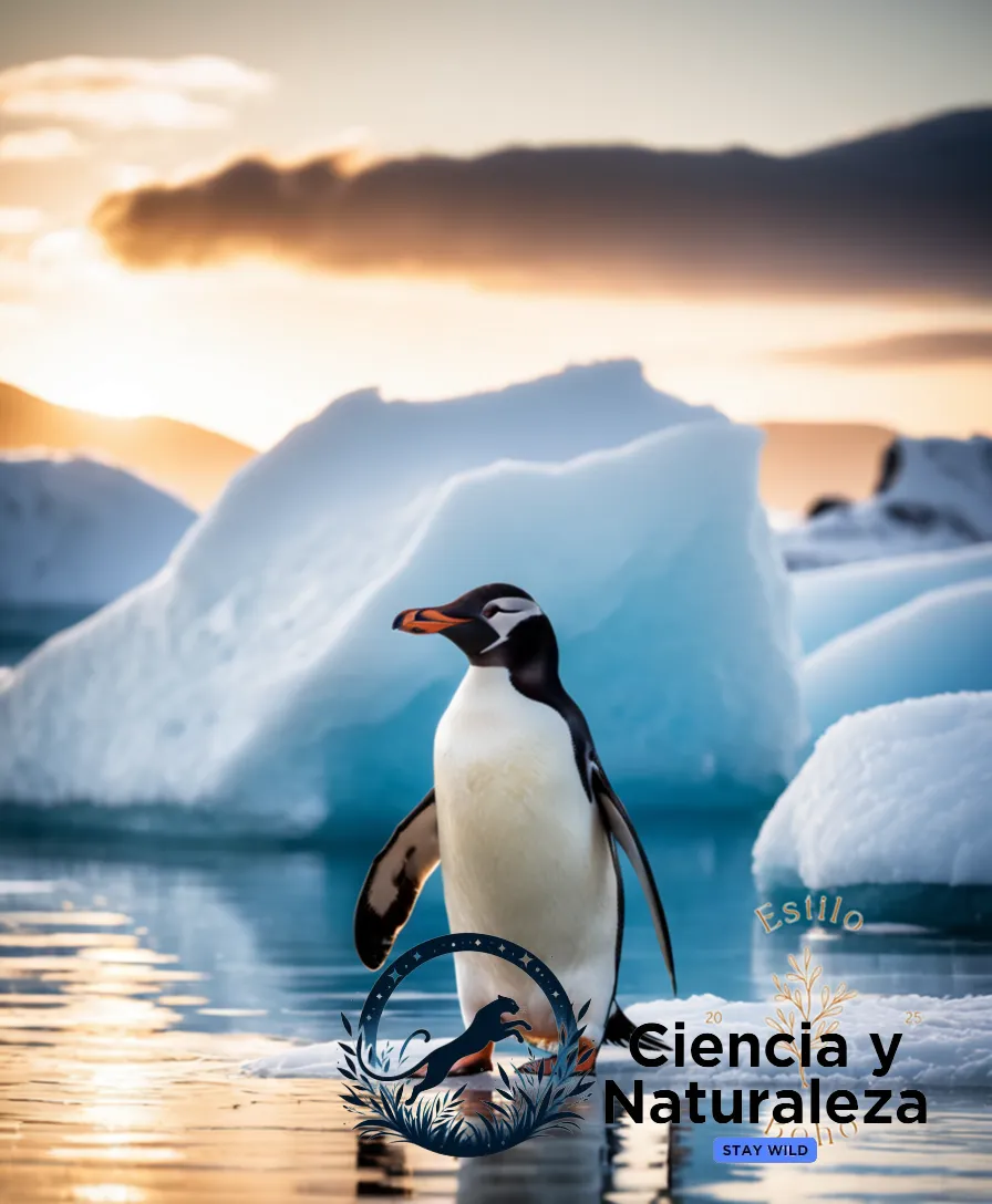 The image should show: A majestic morsa (Pennguin's closest relative) navigates through icy waters at sunset, its robust body (weighing around 600 kilograms) glistening in warm golden light as it plows forward into the horizon, amidst undulating sea ice with crevasses and ridges.