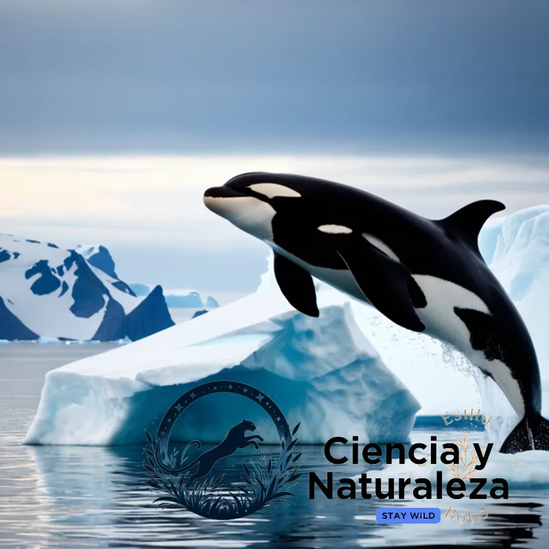The image should show: A poignant snapshot of a majestic orca breaching through a dwindling iceberg in the remote Arctic waters, its sleek black-and-white body silhouetted by the fading light of day as marine ice caps crumble behind it.