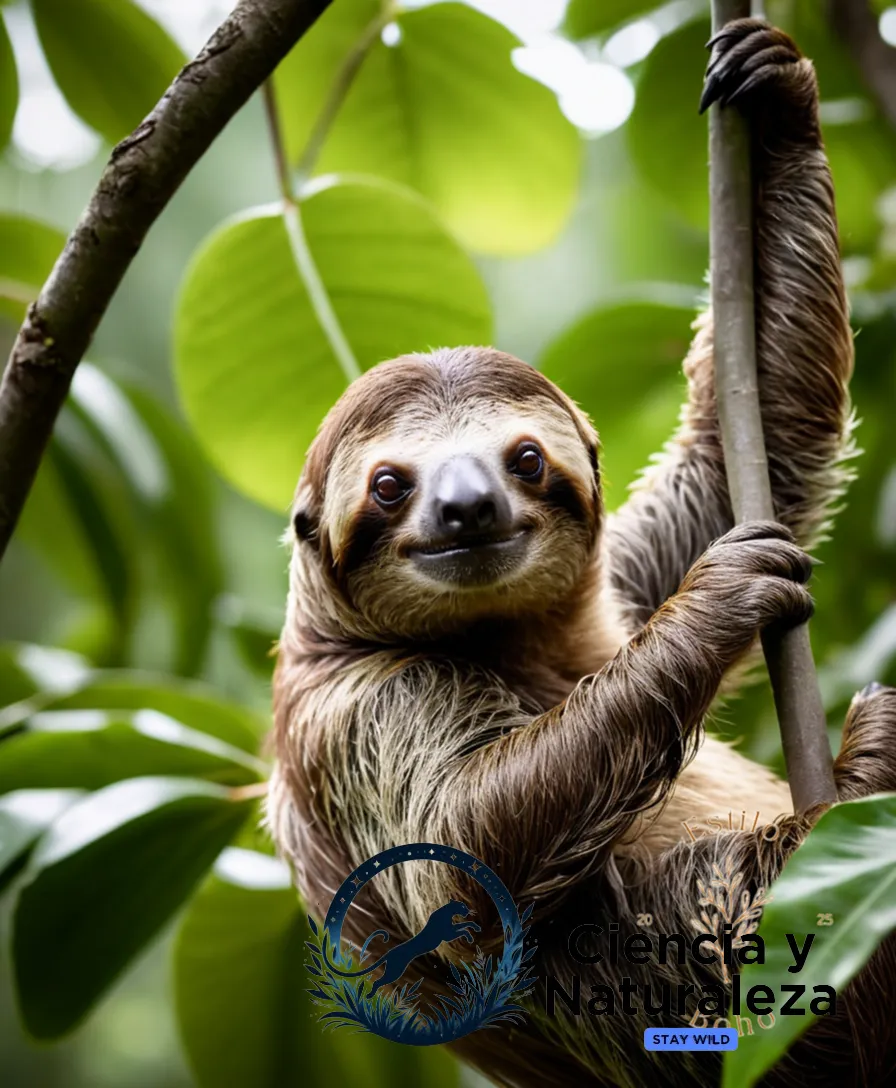 The image should show a stunning Perezoso de Tres Dedos (Three-toed Sloth) perched on a thick branch of a lush Cecropia tree in the humid rainforest canopy, its brown fur and three long claws glistening in warm sunlight filtering through the dense foliage.
