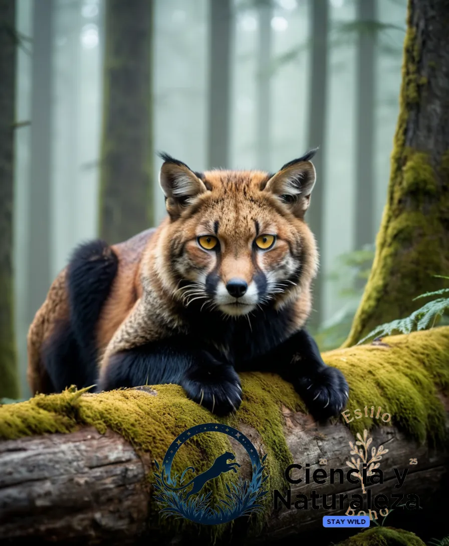 The image should show a stealthy Sigilo perched atop a fallen log in a dense, mist-shrouded forest, its tawny fur blending into the dappled underbrush as it gazes with piercing yellow eyes at the camera, revealing razor-sharp claws and a sleek, muscular build.