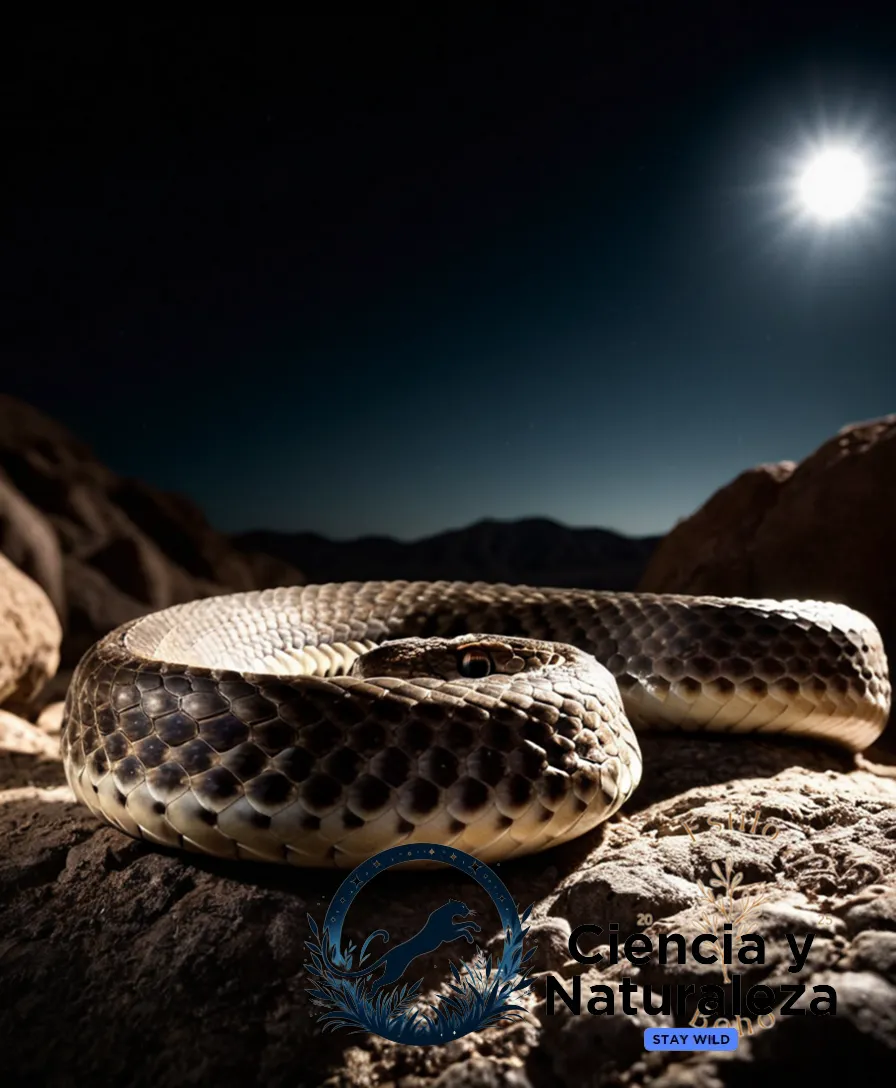 The image should show a majestic adult female Mojave rattlesnake (Crotalus scutulatus), its dark brown scales glistened by dewy moonlight, coiled atop a dry rocky outcropping, its triangular head tilted slightly, eyes fixed intensely on the surroundings, in a masterful display of stealth and hunting prowess.