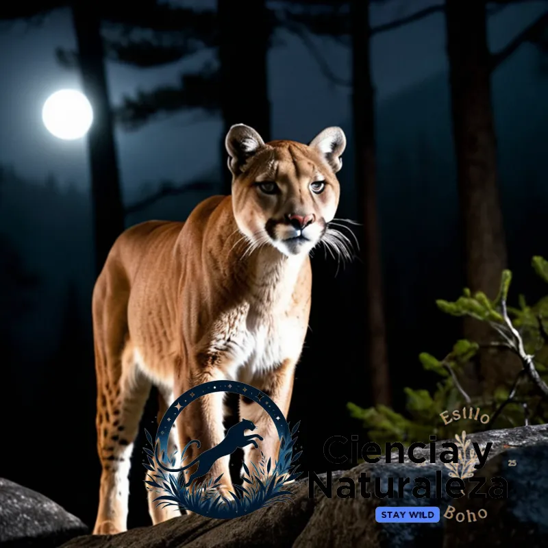 The image should show a majestic puma in the midst of a moonlit forest, its tawny coat blending seamlessly into the shadows, golden eyes glowing like lanterns as it pads silently across a rugged granite outcropping, surrounded by the ghostly silhouettes of towering trees.