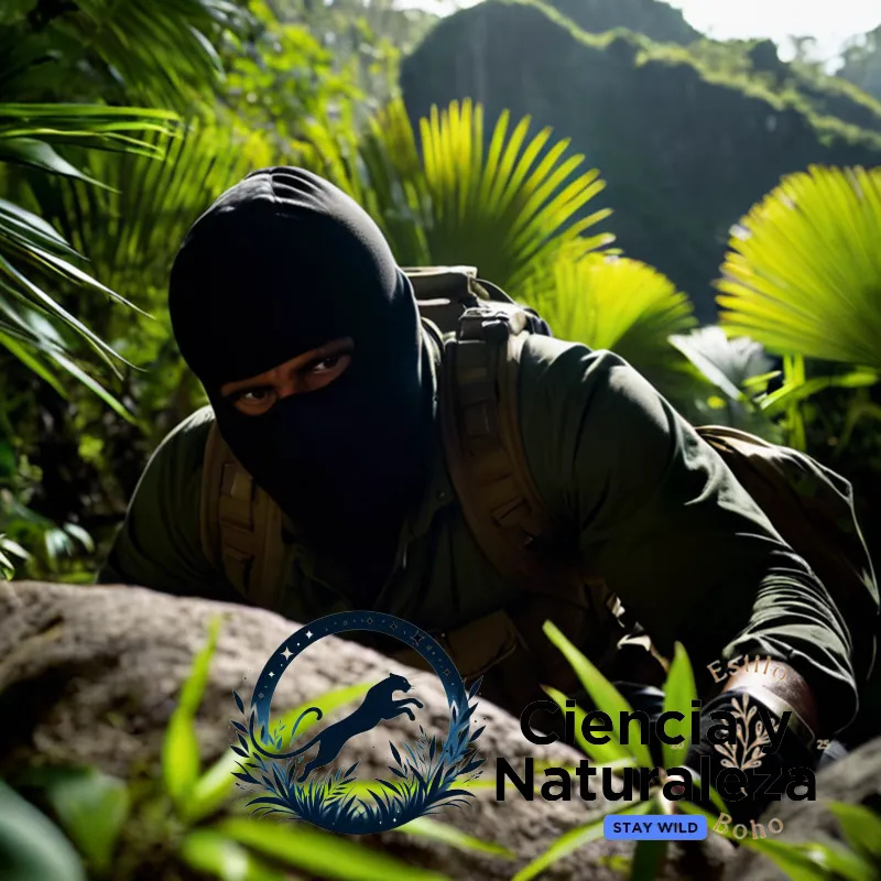 The image should show a silhouette of a rugged, masked figure in full camouflage gear crouched behind a massive boulder at dusk, just as the last rays of sunlight vanish beneath a canopy of dense jungle foliage, highlighting the faint glow of a headlamp on their forehead.