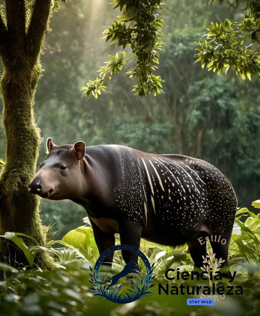 The image should show: A majestic adult Tapirus terrestris (South American tapir) standing amidst a lush Brazilian rainforest landscape, its distinctive gray-and-black coat blending into the surroundings as it surveys its territory from beneath a low-hanging leafy canopy with shafts of golden sunlight filtering through.
