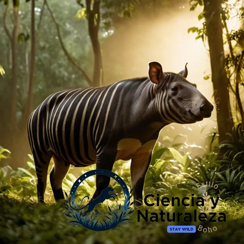 The image should show a majestic Brazilian tapir standing amidst a lush cloud forest in Brazil, its distinctive black and white striped backside turned towards the camera as it sniffs the air, against a warm backlight of golden sunlight filtering through dense foliage.