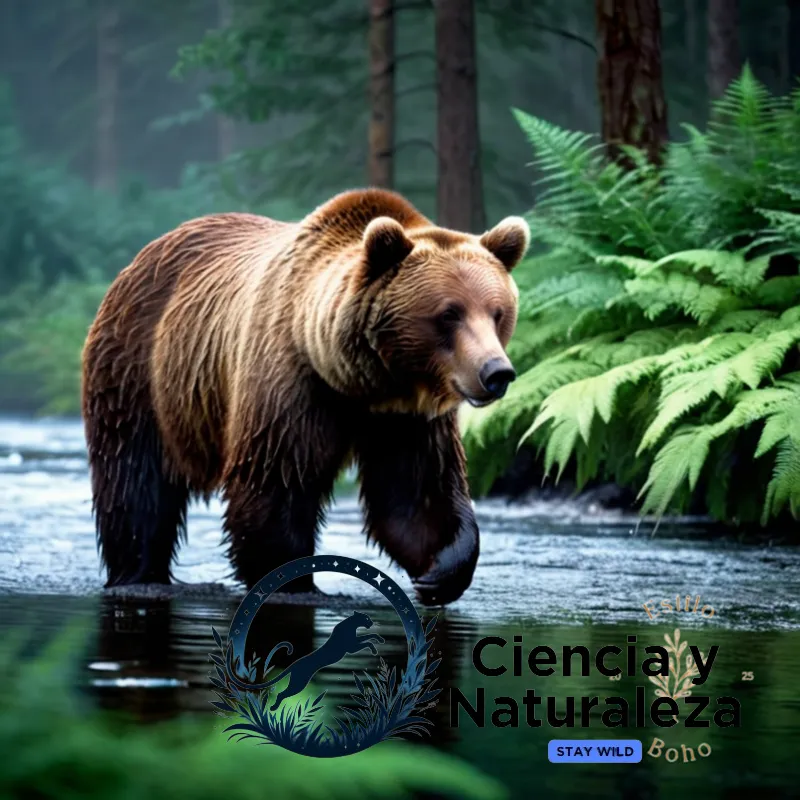 The image should show a majestic brown bear (Ursus arctos) emerging from a misty riverbank, its shaggy fur glistening with droplets of water as it pads through a lush, verdant forest floor, surrounded by towering trees and sprawling ferns.