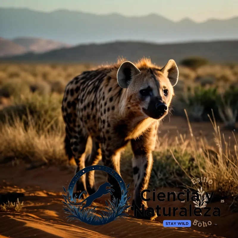 The image should show: A guérdido (the Spotted Hyena's alternative name in some regions) crouched low to the ground, its tawny coat blending with the dry savannah grasslands as it fixes a spotlighted leopard on the hunt in the distance, its snout and ears alert for any sound of movement.