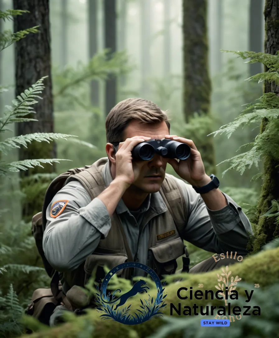The image should show: A rugged camouflage-clad hunter in repose behind a thick bush of dense foliage, binoculars slung over their shoulder, scanning a misty forest landscape through which the unmistakable striped body of a white-tailed deer emerges from the underbrush, its large ears alert.