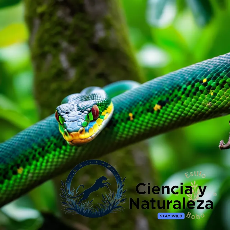 The image should show: A close-up of a vibrant green Emerald Tree Python (Morelia viridis) coiled on a branch, its scaly body reflecting dappled forest light amidst lush foliage, emphasizing the snake's alert expression and alert posture.