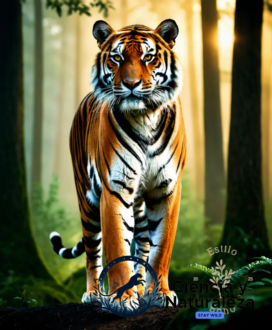 The image should show: A majestic Bengal tiger standing majestically in a misty forest clearing, its orange and black stripes glistening in the warm golden light of dawn, as it surveys its surroundings with piercing green eyes, set against a backdrop of lush green foliage and gnarled tree trunks.