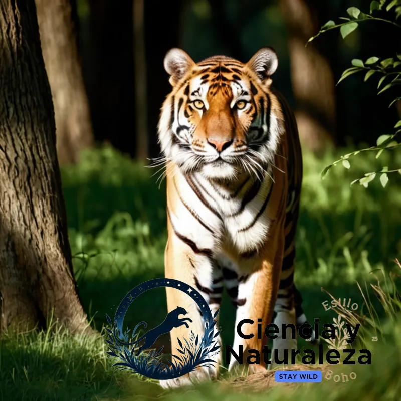 The image should show: A majestic Bengal tiger, its yellow coat glistening in the dappled sunlight filtering through a thick foliage of Indian grasslands, its piercing brown eyes gaze directly at the viewer as it pads softly on the forest floor, its striped body poised in a state of quiet vigilance.
